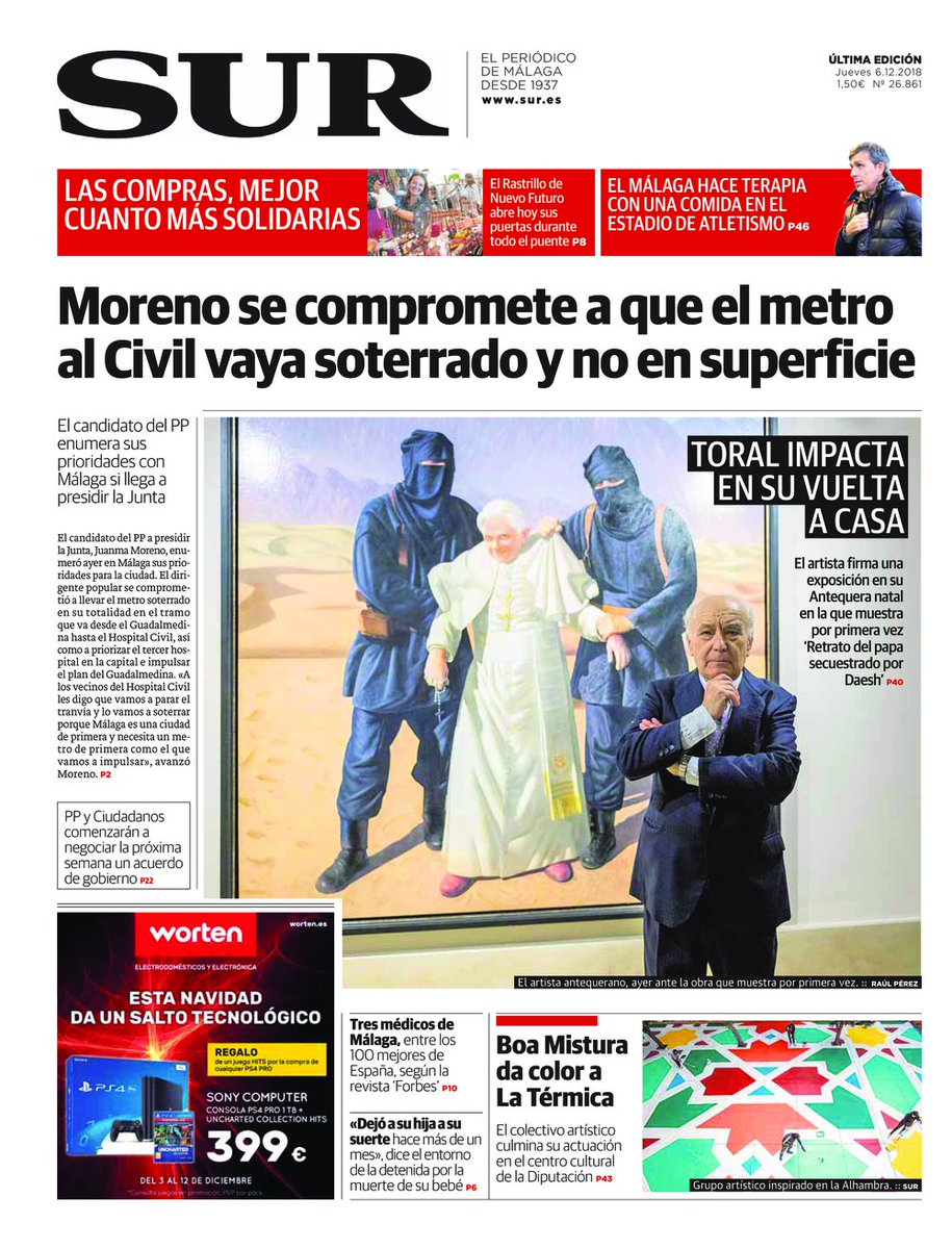 DiarioSUR's tweet photo. Buenos días. Hoy, en #portadaSUR:  @JuanMa_Moreno se compromete a que el metro al Civil vaya soterrado y no en superficie https://t.co/MVZyS0JXXF https://t.co/2XPvoKoNIN