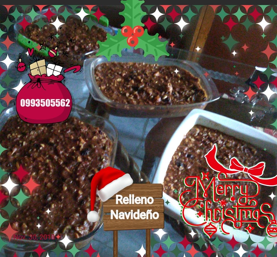 TRADICIONAL RELLENO NAVIDEÑO
Elaborado a base de:
  - Carne de cerdo (sin grasa)
  - Carne de pollo 
  - Pasas
  - Ciruelas pasas
  - Nueces
  - Aceitunas
  - Almendras
  - Vino tinto
  $ 6  Media tarrina
  $10 Tarrina entera
🚕 Entrega sin costo.
📲 Contacto 0993505562