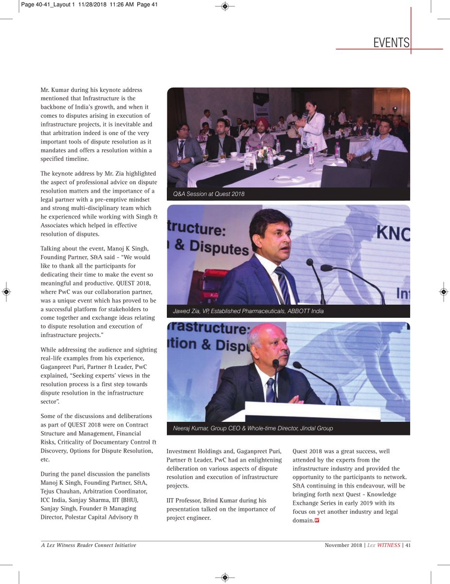 SandALawOffices's tweet photo. Leading experts from #Infrastructure Sector converge at the #QUEST2018 - Knowledge Exchange Series hosted by Singh & Associates.
Have a look at the coverage by #LexWitness - India's 1st Magazine on Legal & Corporate Affairs
#Strengthinpractice https://t.co/FyH8qOzNGv