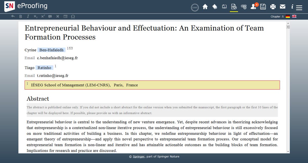 cyrine's tweet image. #finalsteps @ratosan and I are proofreading our forthc. chapter @IESEGResearch in @MauraMcadam and @jcstrategy's book on entrepreneurial #behaviour  🤗
#effectuation #entrepreneurialTeams #formation #entTeam #entBehaviour