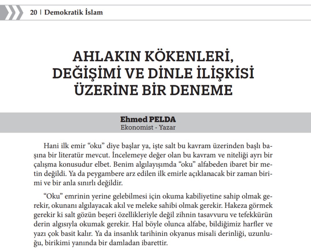 "Ahlakın Kökenleri, Değişimi ve Dinle İlişkisi Üzerine Bir Deneme" Ehmed Pelda'nın kaleminden. Demokratik İslam'da.