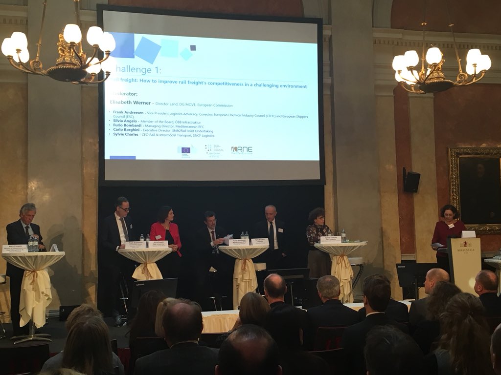 GaelleVanT's tweet photo. @RailNetEurope #RailFreightDay #RFD2018 First Panel moderated by @EU_Commission Elisabeth Werner on how to improve #RailFreight competitiveness in a challenging environment with Sylvie Charles CEO of #SNCF Freight and Intermodal #RailFreightForward #30by2030 https://t.co/p4AvF1nApi