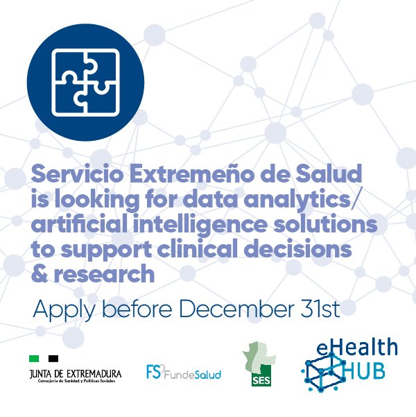 EU_eHealth_Hub's tweet photo. 🔊This is a call for #ehealth #SMEs #startups all around Europe
Could you propose a #clinicaldecision & #research support system using #dataanalytics #ArtificialIntelligence #AI? Apply to Servicio Extremeño de Salud #SolutionMatch #digitalhealth by 31 Dec https://t.co/2Da77Ywcfx https://t.co/Tyg0xfgC2Q