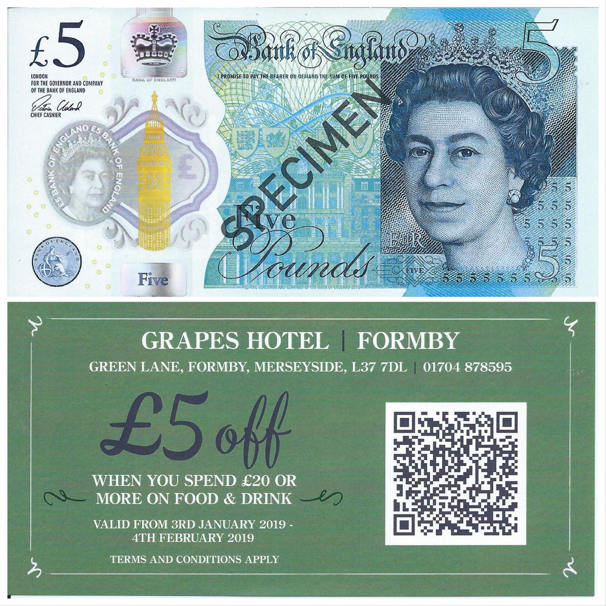In January you will definitely be feeling the festive blues, come in any time in December to pick up this £5 discount food &amp; drink voucher. Please scan the barcode for more information. Merry Christmas and a happy New Year.