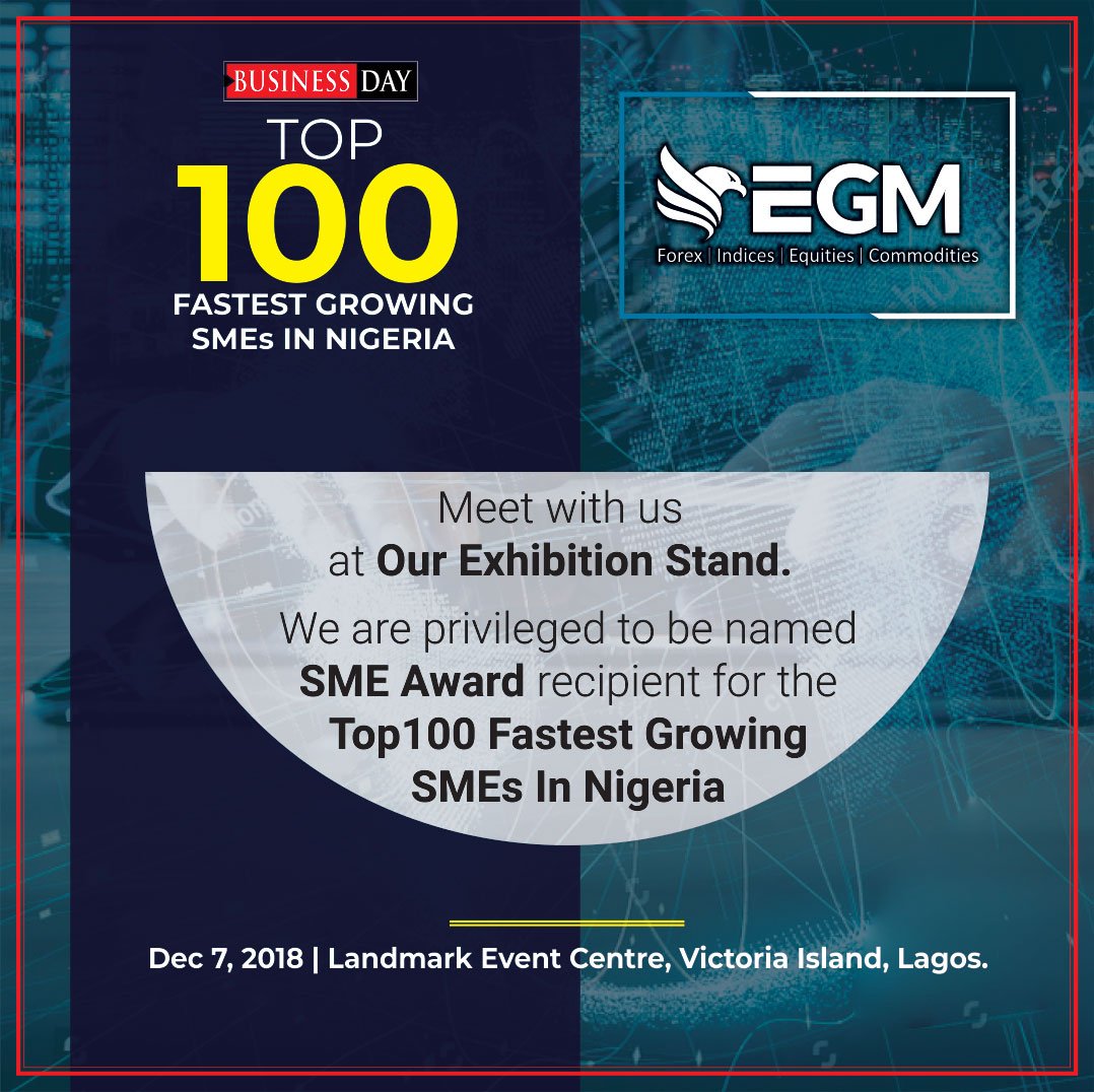 EGMarkets's tweet photo. The @BusinessDayNg Top100 Fastest Growing SMEs Awards will be holding tomorrow @Landmark_Centre, Victoria Island, Lagos | 7 Dec 2018. Meet @EGMarkets at our Exhibition Stand.
#BusinessdayNgAward #EagleGlobaMarkets #SMEs #Startups #GlobalMarkets #CloudTrade https://t.co/aW1XRT3b8z