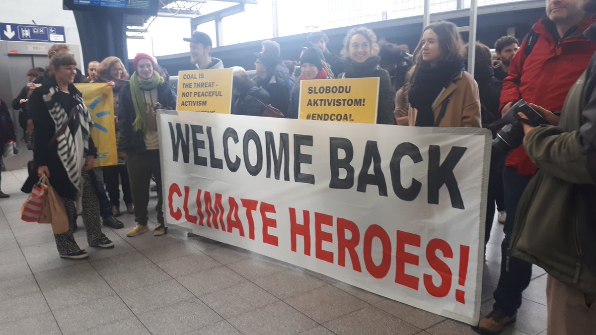 GreenpeaceEU's tweet photo. Big welcome party in Brussels for the return of three Belgian activists arrested in Slovakia for their peaceful protest against coal!
#climatechange #ActivismIsNotACrime #Novaky12 #COP24 https://t.co/6mDwgq7Kwf