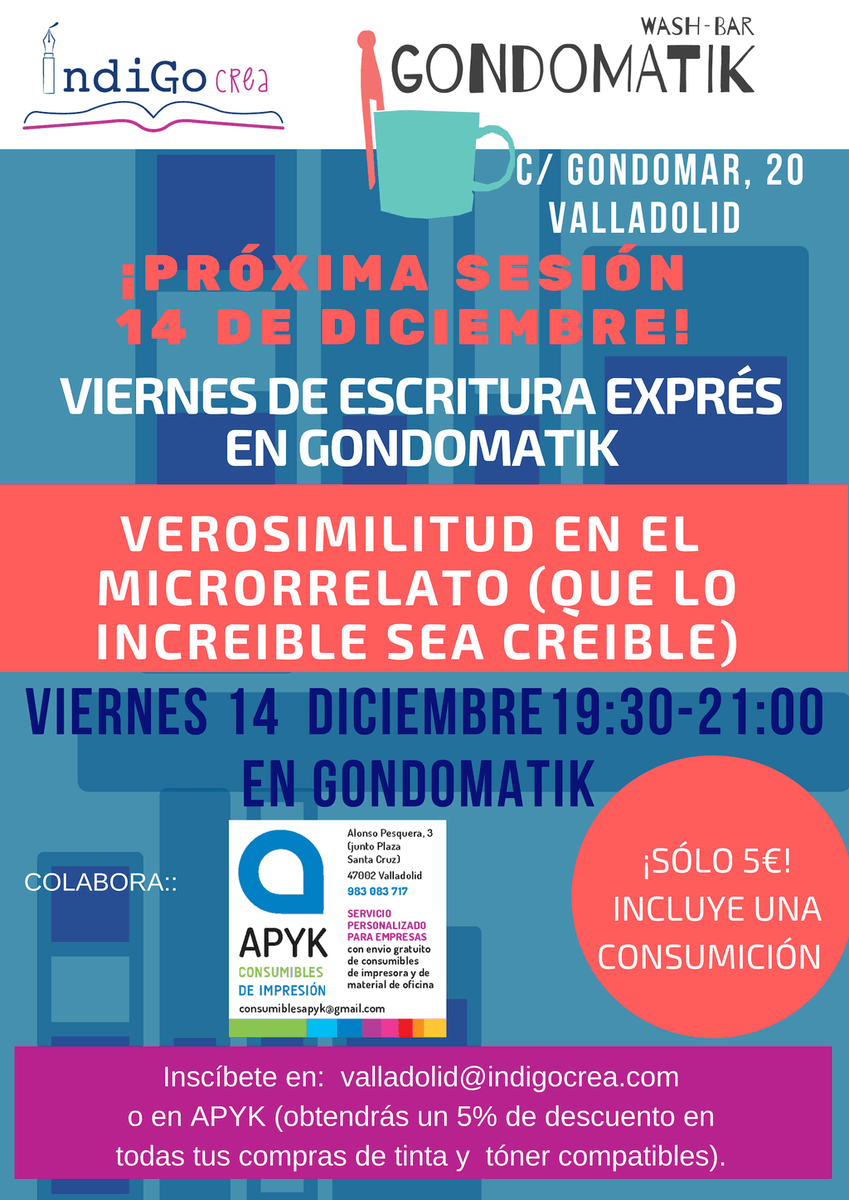 indigocrea's tweet photo. Último Viernes de Escritura Exprés en Gondomatik del año. ¿Te lo vas a perder? https://t.co/I7Js4ZcKiE https://t.co/q9EVT1UT3f