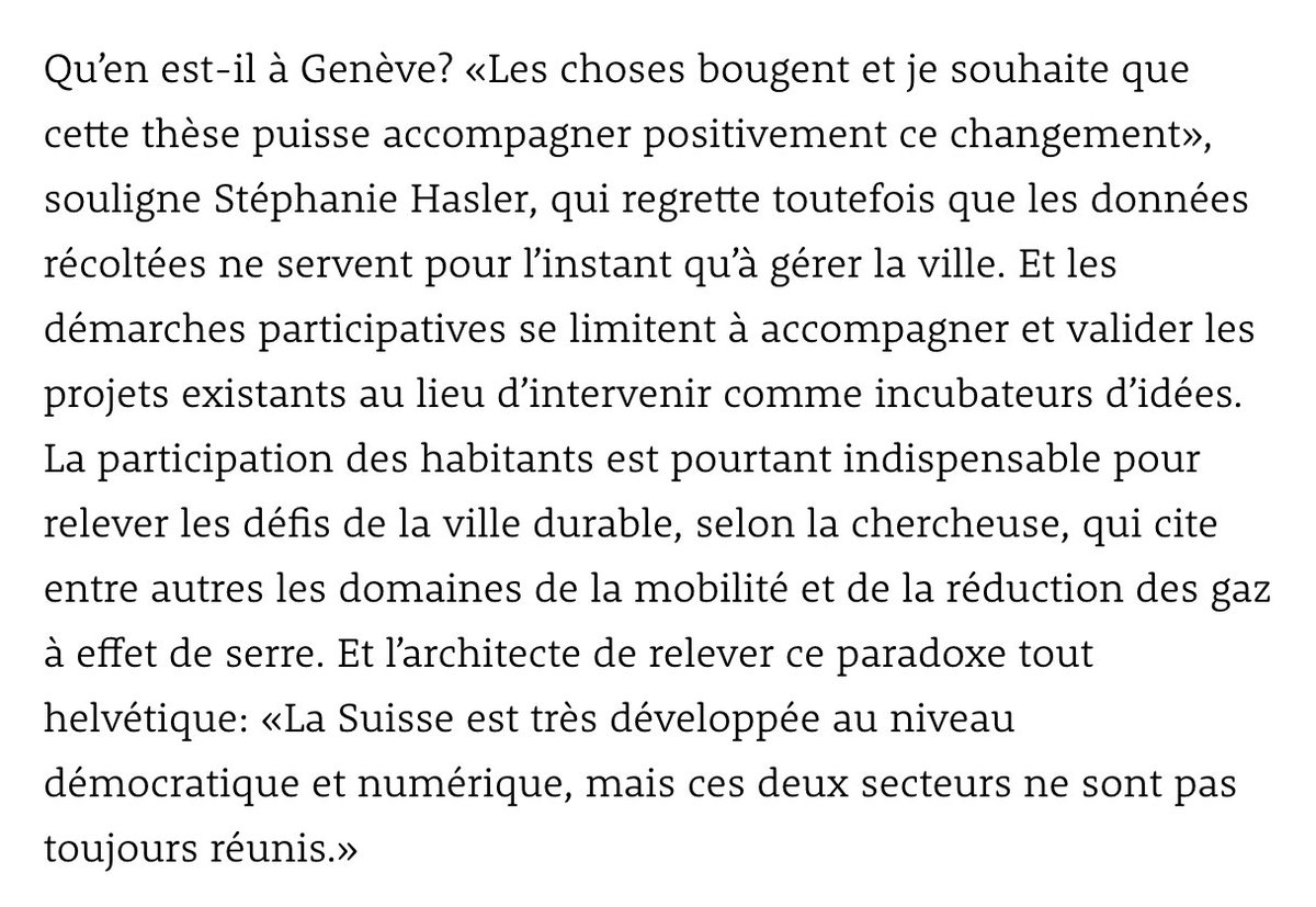 gregoire's tweet photo. "Des urbanistes connectés pour mieux écouter les citoyens" - 
Article dans @letemps suite à la thèse «De Smart à Responsive, les enjeux de la planification urbaine à l’ère numérique» soutenue par Stéphanie Hasler à l'@EPFL.
https://t.co/mfDP0oMtqB cc @HybridSp #RCitycamp https://t.co/6EB4L5JzLu
