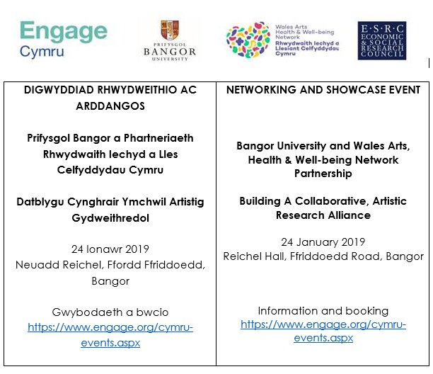 NETWORKING AND SHOWCASE EVENT

<a href="/BangorUni/">Bangor University</a> and Wales #Arts, Health &amp; Well-being Network Partnership

Building A Collaborative, Artistic Research Alliance

24 January 2019
Reichel Hall, Ffriddoedd Road, Bangor

Information and booking engage.org/cymru-events.a…