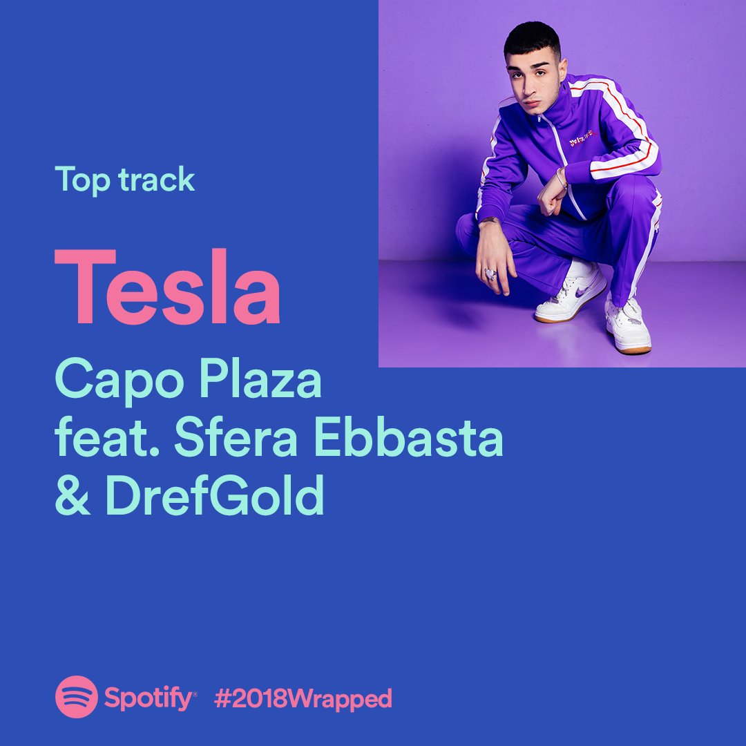 SpotifyItaly's tweet photo. Vi è entrata in testa di brutto e vi siete fatti 60M di giri in #Tesla: il pezzo di #CapoPlaza, @sferaebbasta e #DrefGold è il più ascoltato dell'anno! Scopri il tuo 2018 in musica su https://t.co/IzV9jdPpi9 #2018Wrapped https://t.co/uizrqk1kfU