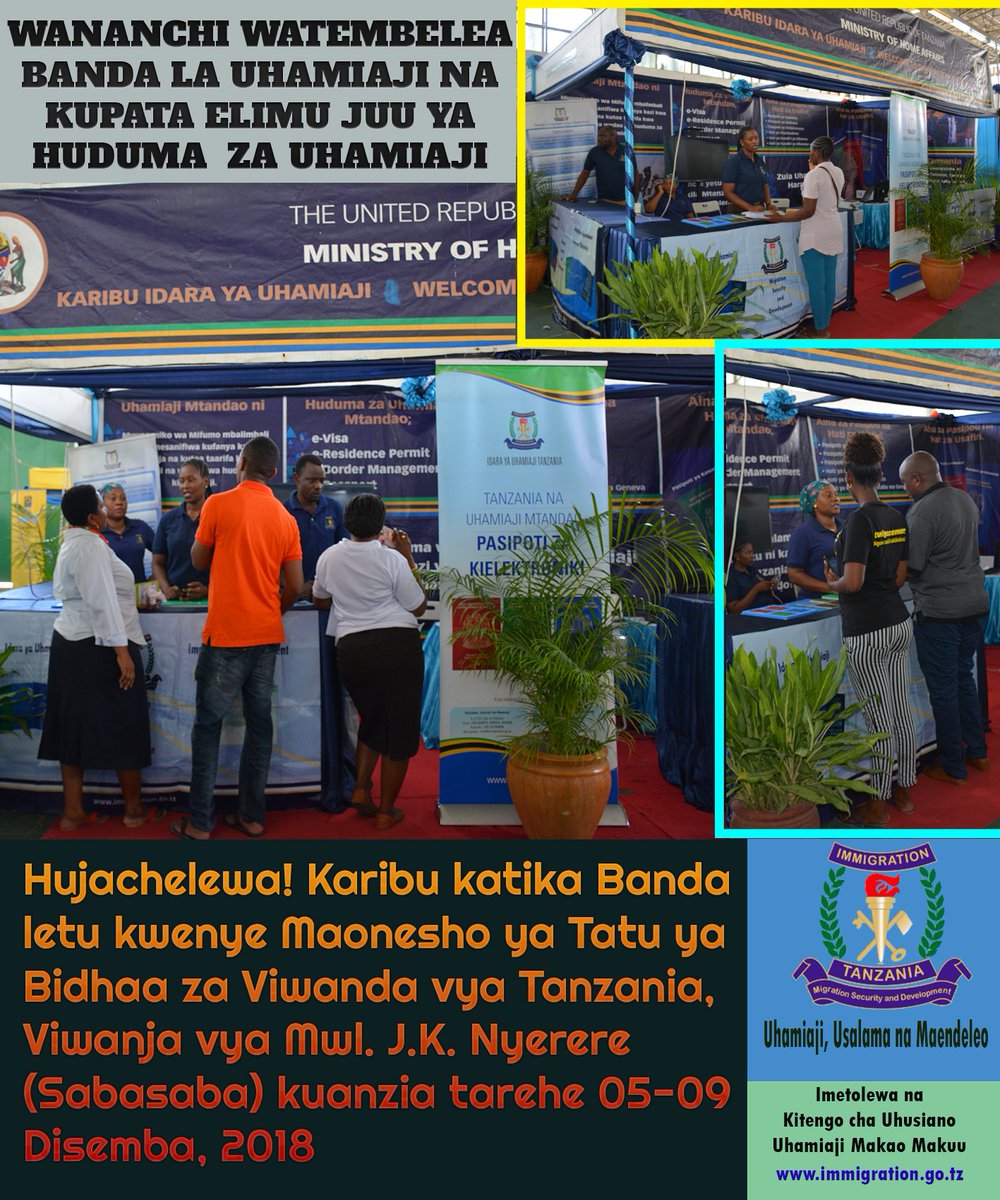 UhamiajiTz's tweet photo. Karibu katika Banda letu Viwanja vya Mwl. J. K. Nyerere (Sabasaba) ili uweze kufahamu huduma mbalimbali zinazotolewa na Idara ya Uhamiaji. #eImmigration, #ePassport, #eVisa, #ePermit, &amp; #eBorder Management System. https://t.co/6C1pVzAC4p