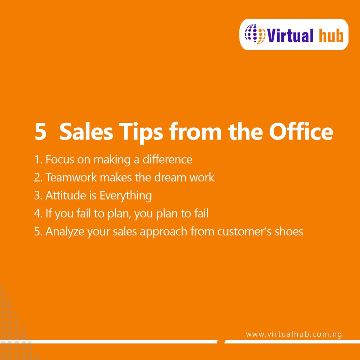 VirtualhubNG's tweet photo. These 5 tips will increase your sales

#Officesinlagos #servicedoffice #officeforrent #startups #entrepreneurs #business #coach #freelance #grind https://t.co/lcaETrsA5a