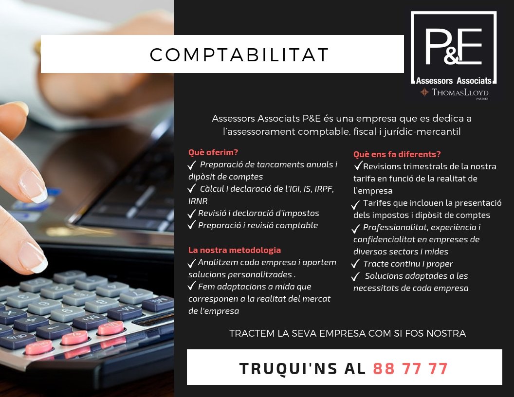 AssessorsPyE's tweet image. Vols conèixer un nou concepte de comptabilitat? Truca'ns i informat al 887781
#andorra #comptabilitat #gestoria #assessoria #fiscalitat #andorrana @AssessorsPyE @diariandorra @diariARA @Diari_LaValira