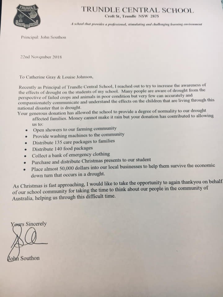 Thank you to everyone who contributed to this donation to Trundle Central School. We received a letter of thanks from the Principal. Thanks to our HSIE teachers, Ms Cathy Gray and Ms Louise Johnson for organising this project.