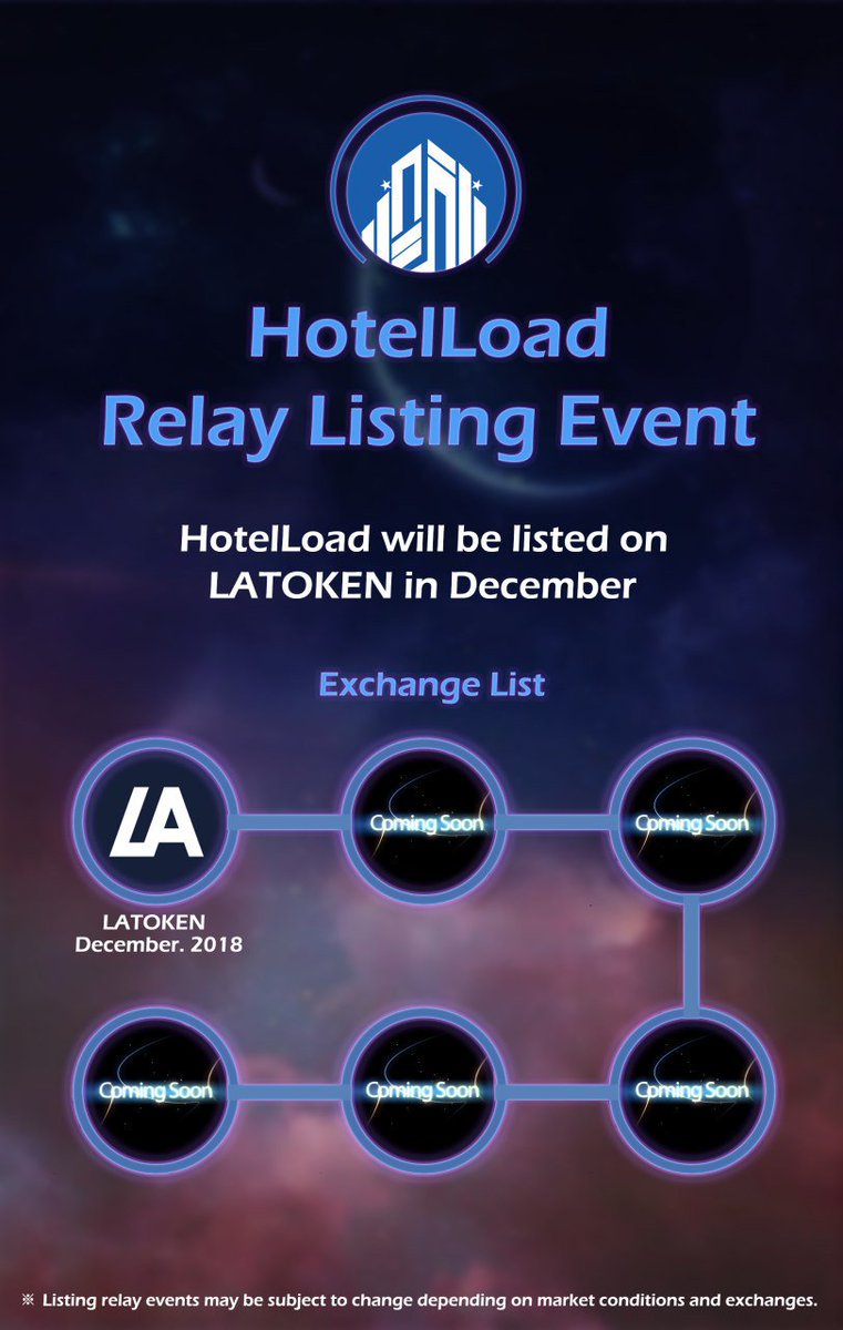 HotelLoad Relay Listing Event 
1. LATOKEN Exchange (DEC. 2018)
2. ???
3. ???
4. ???

#bitcoin #altcoin #Ethereum #Hotelload #LATOKEN