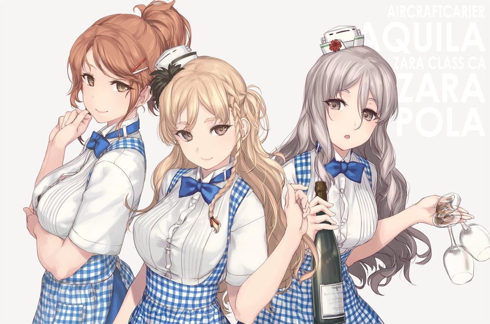 aquila (kancolle) ,pola (kancolle) ,zara (kancolle) 3girls wavy hair multiple girls drinking glass blue bow blue apron long hair  illustration images