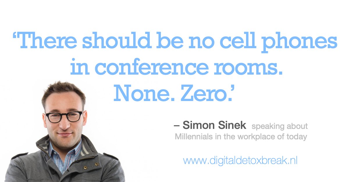 'There should be no cell phones in conference rooms. None. Zero.’ Aldus Simon Sinek. Echter, >1/3 van volwassenen voelt zich gestresst en afgesneden zonder hun smartphone.. Lees de feiten: digitaldetoxbreak.nl/de-feiten/  #digitaldetox #technostress #digitalecultuur