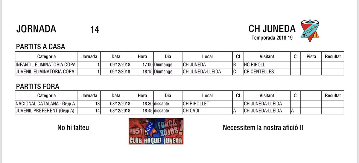 Partits del cap de setmana del <a href="/CHJuneda/">Club Hoquei Juneda</a>