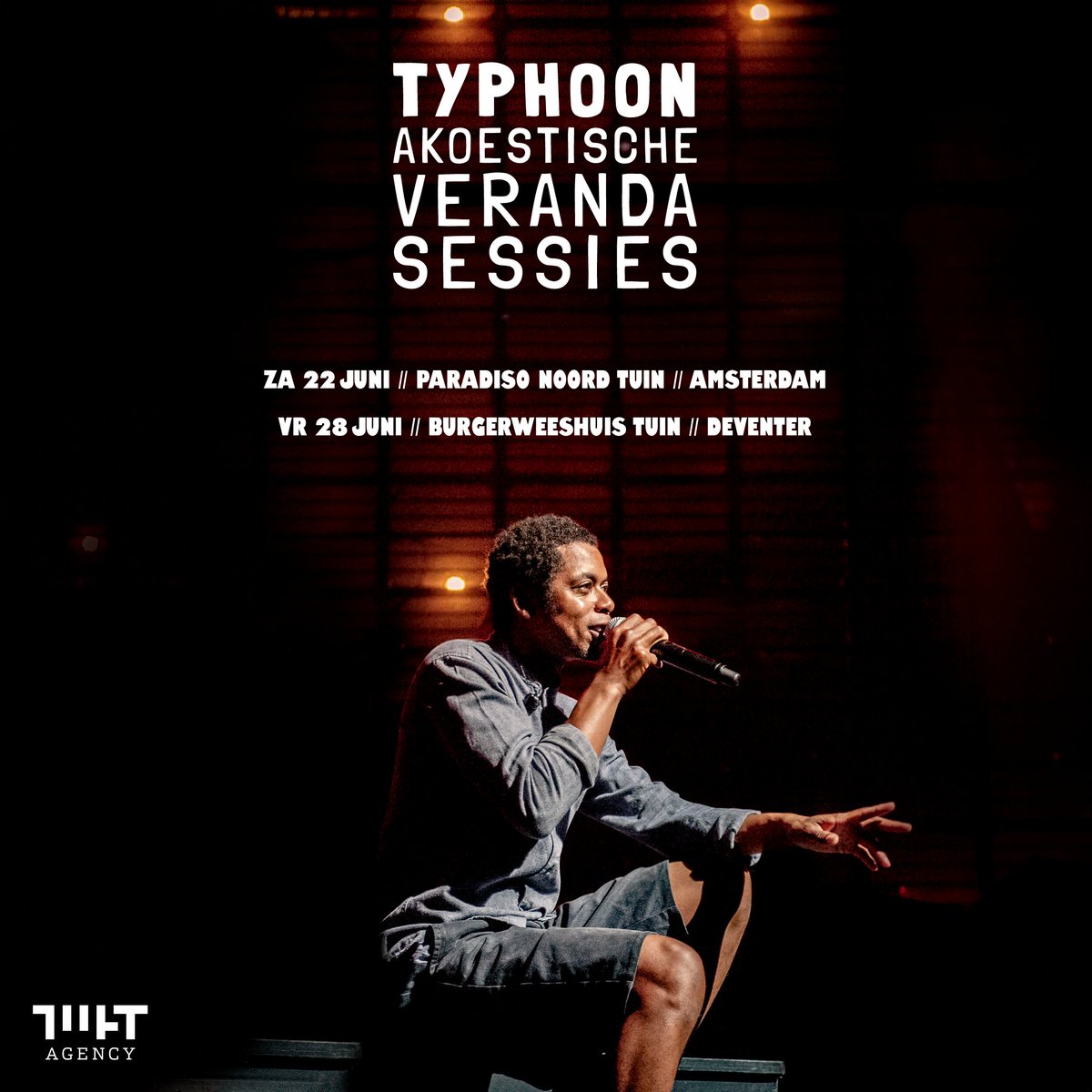 Na een periode van rust en inspiratie betreedt <a href="/typhoon/">Typhoon</a> komende zomer het podium om een aantal akoestische optredens te verzorgen met zijn meest bekende nummers in een nieuw jasje, nieuwe songs en meer. 

22 juni <a href="/ParadisoAdam/">Paradiso Amsterdam</a> Noord Tuin
28 juni @Burgerweeshuis Tuin