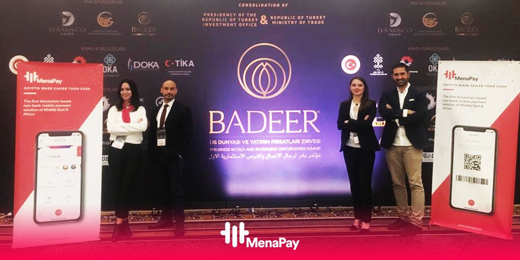 MenaPay team at <a href="/badeerturkey/">Bader Yatırım Platformu</a>! As one of the main sponsors of Badeer 1st Business World and #Investment Opportunities Summit, we've got great connections in the last two days. This event is full of opportunities. 
#crypto4mena #blockchain #mobilepayment #cryptocurrency