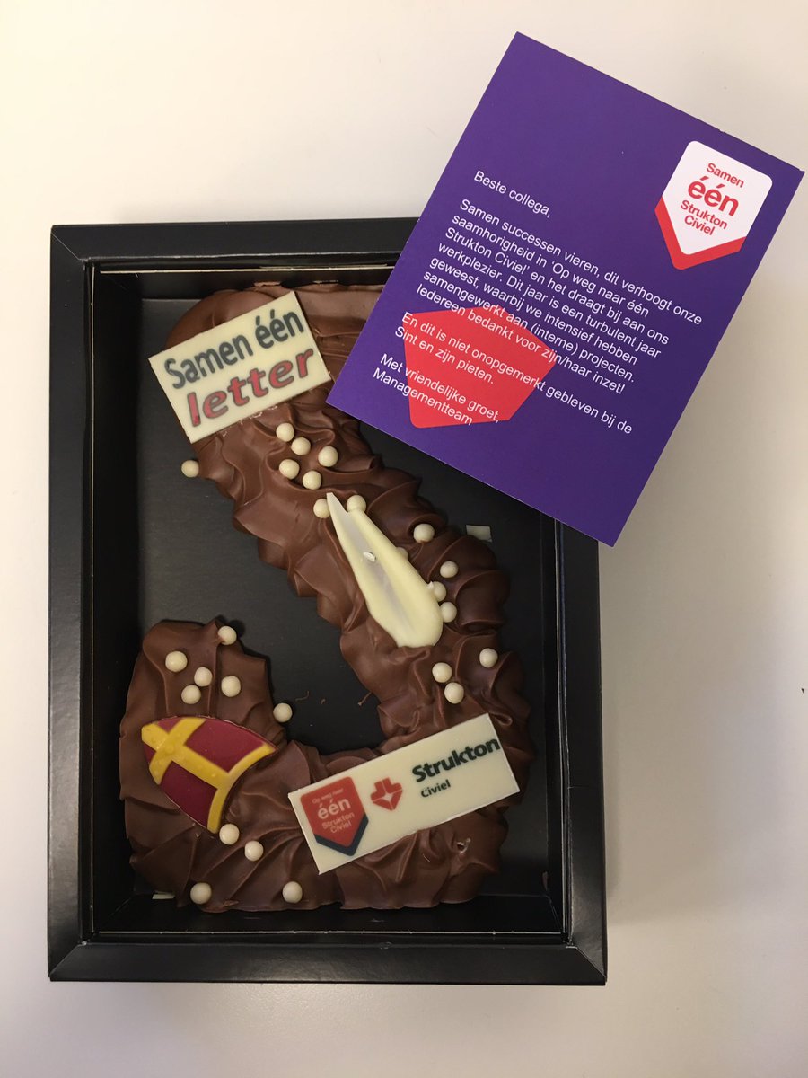 Dit jaar is de Sint <a href="/ReefInfra/">Reef Infra</a> niet vergeten.
Hij weet al dat wij volgend jaar @Strukton zullen heten. Voor onze inzet in het afgelopen jaar lag voor ieder van ons een chocoladeletter klaar.
Ook als wij volgen jaar voor u werk mogen verrichten ziet u opnieuw dezelfde gezichten.