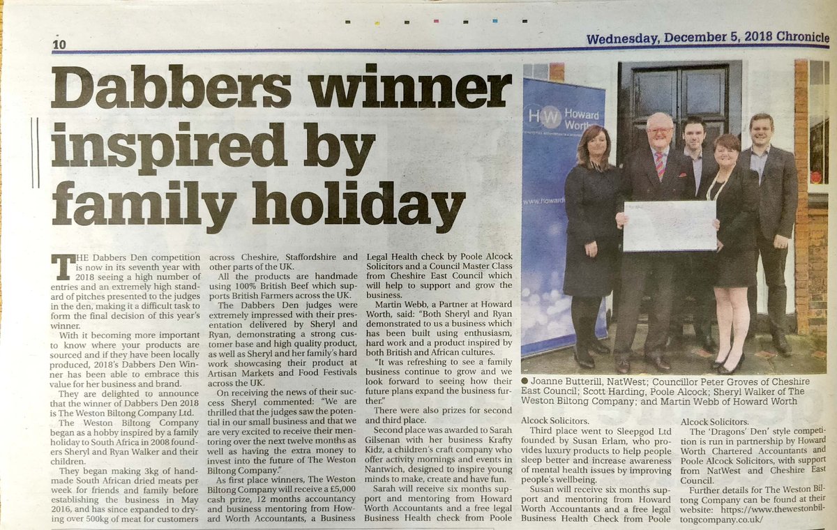 Check out 2018 #DabbersDen #winner <a href="/weston_biltong/">Weston Biltong Company</a> on page 10 of
#Nantwich Chronicle <a href="/HowardWorth/">Howard Worth</a> <a href="/poolealcock/">Poole Alcock</a> <a href="/NatWestBusiness/">NatWest Business</a> <a href="/CheshireEast/">Cheshire East Council</a>