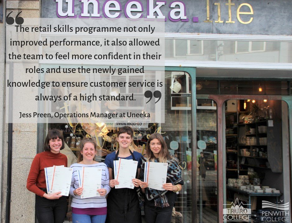 Uneeka (Truro) took its commitment to staff development to a new level, setting up a bespoke retail skills programme for twelve members of staff. 
For more information about our Business courses call 01872 242711 or visit truro-penwith.ac.uk #retailskills #bespokecourses