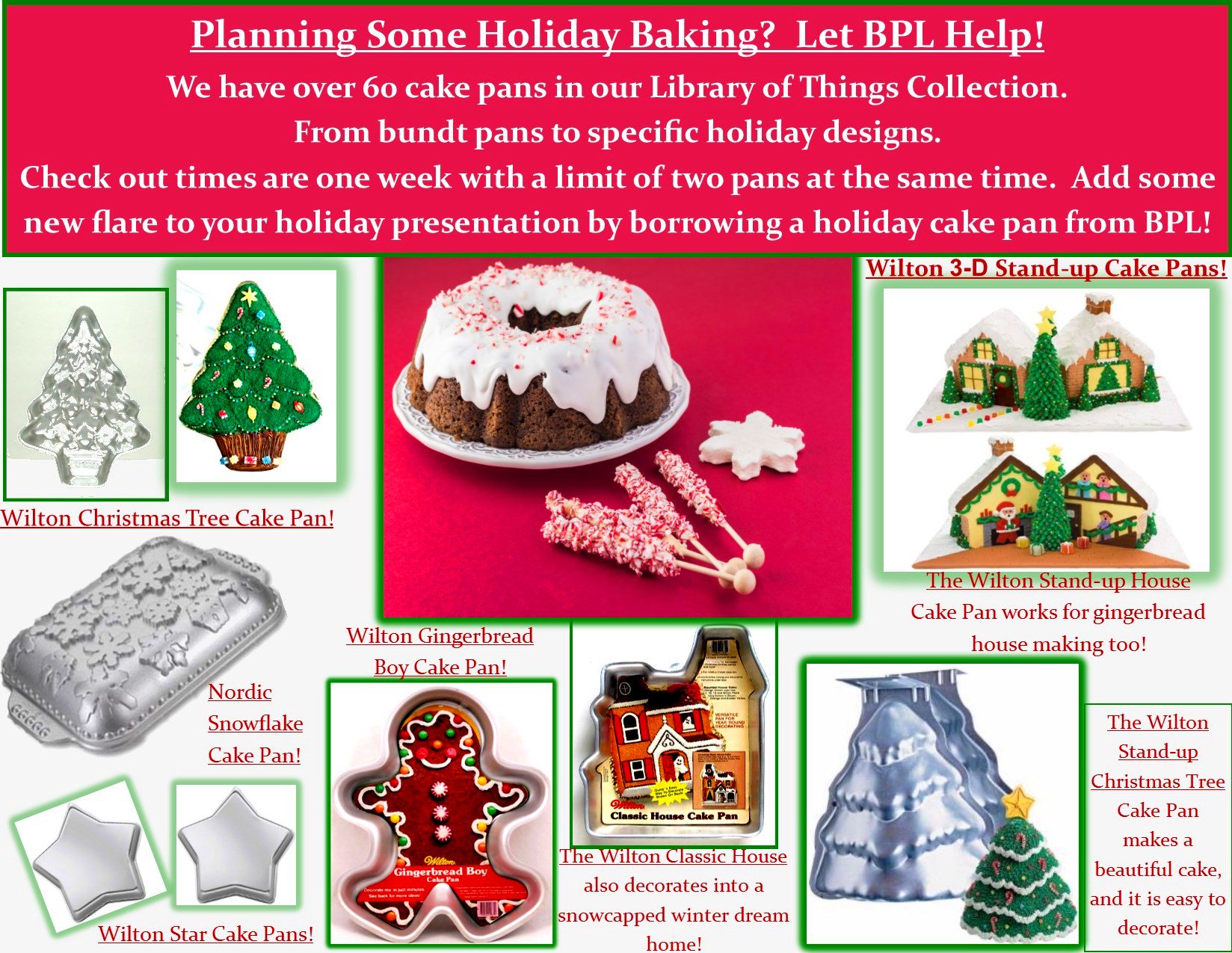 Bartlesville Public Library on X: BPL's Library of Things has Holiday Cake  Pans! 🎄 Bake something new, fun & creative this season with a wide  selection of more than 60 cake pans.