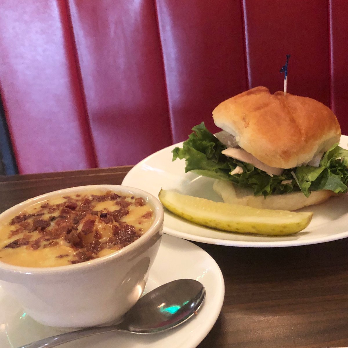 #heybangor Looking for a quick, local lunch option? Our Soup &amp; Sandwich Special changes daily and features a warm, hearty, housemade soup, paired with the daily sandwich feature on a fluffy, scratch-made bun, housemade coleslaw and pickle on the side! Only $7.99