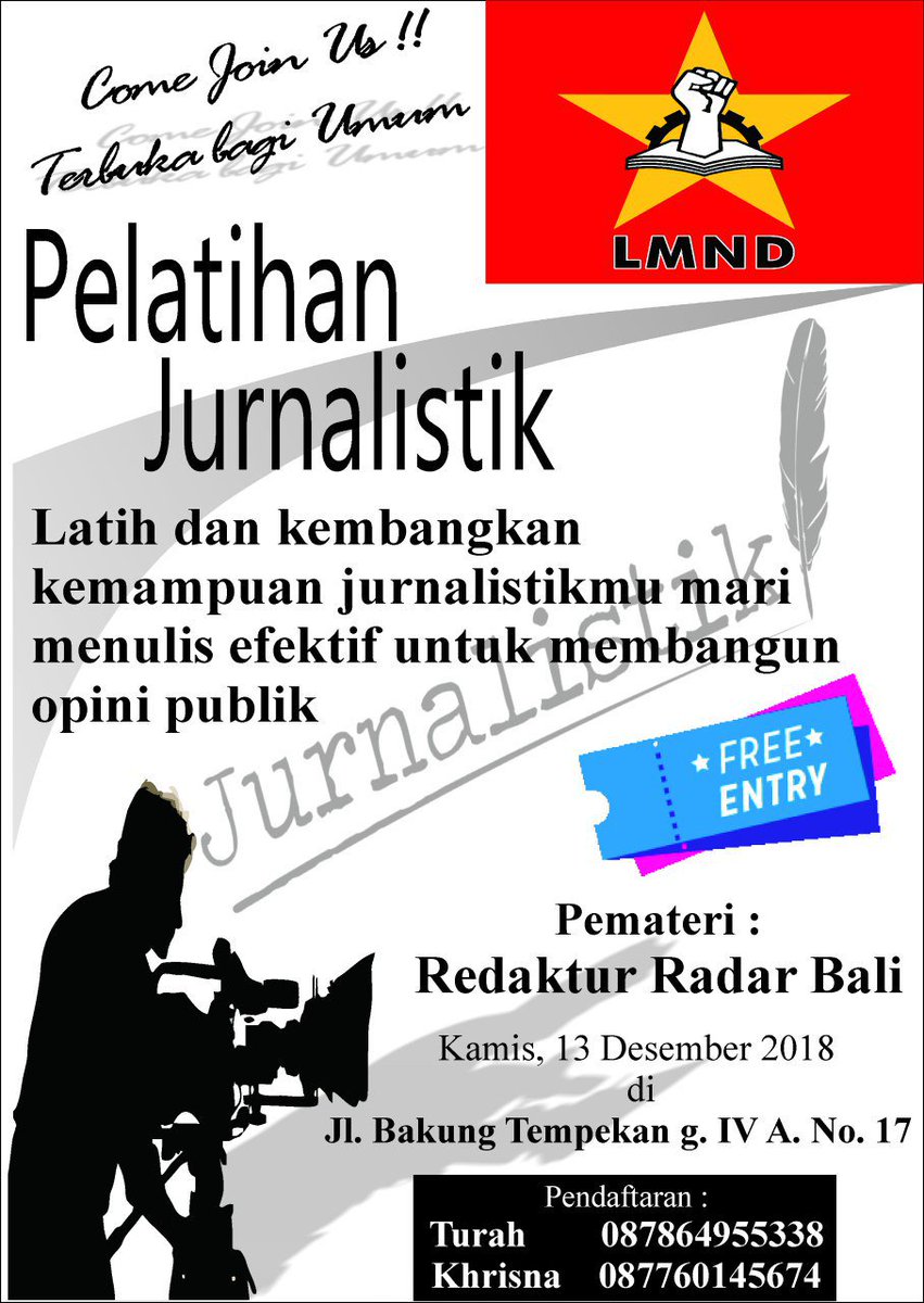 BaliLmnd's tweet photo. Selamat Malam
•
Kawan-kawan di wilayah Bali khususnya daerah Denpasar, kami LMND Bali sedang mengandakan pelatihan jurnalistik. Bagi kawan-kawan yang tertarik bisa mendaftar kepada nomor yang tertera di gambar.
•
#LMNDEWBALI #lmndbali #prdbali #jurnalistik #radarbali #pelatihan https://t.co/xztxuvPDAD