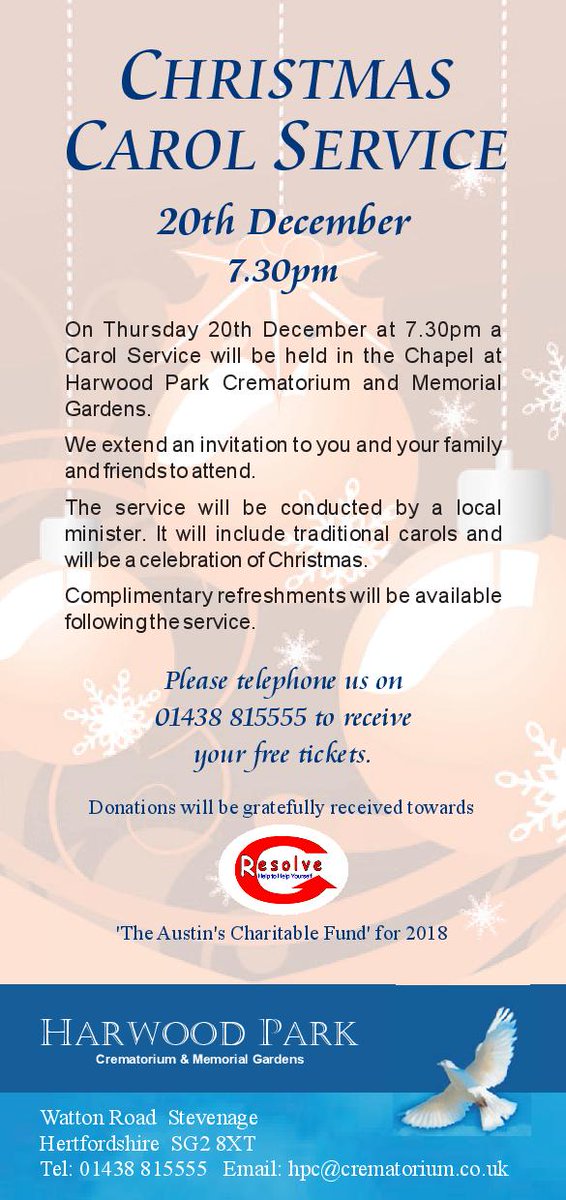 ResolveCharity's tweet photo. Austin's Carol Service, supporting Resolve. A wonderful way to celebrate Christmas and support Resolve. Be Great to see you there. @AustinsFunerals @harwoodpc @clairehope65 @HertsCommunityF @grantshapps @WelHatCouncil @WH_CVS @NorthHertsCVS @welhat_chamber @LBFEW @BigLotteryFund https://t.co/c2OLAaArpp