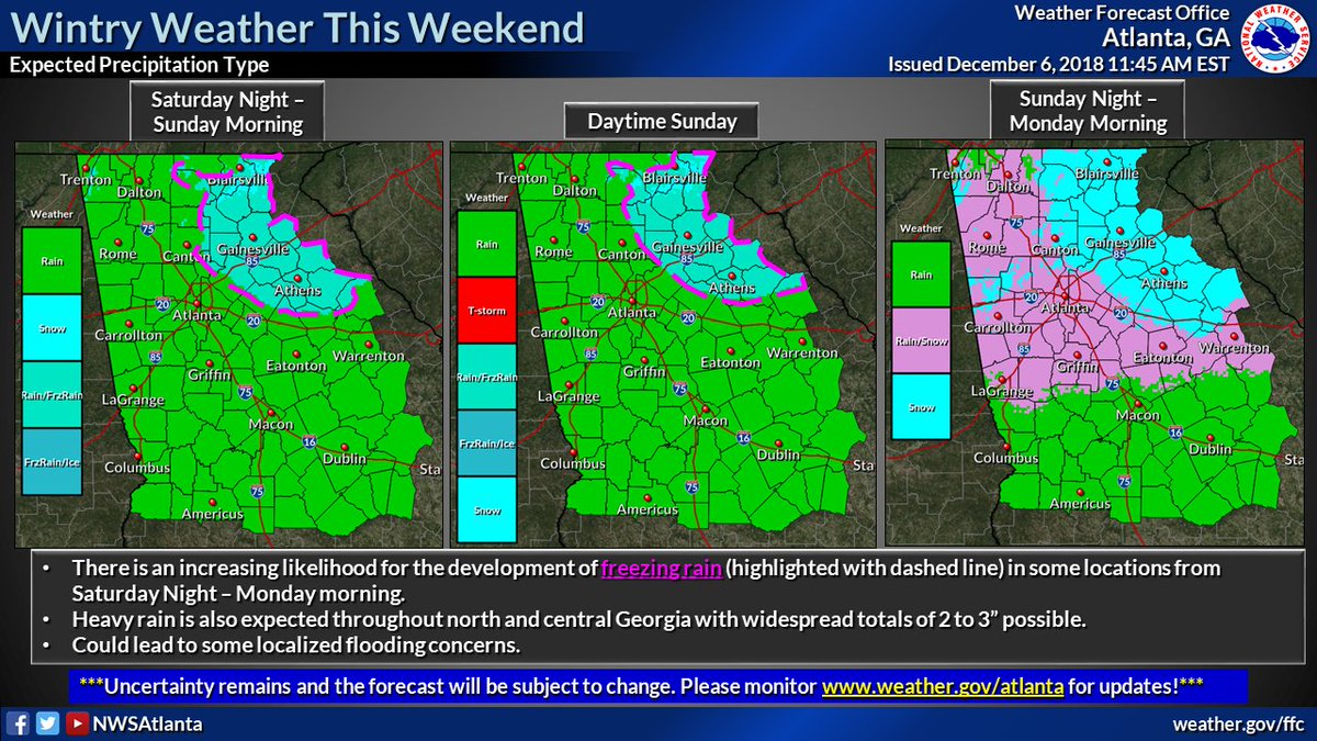NWSAtlanta's tweet photo. Confidence is increasing in the potential for wintry weather, including accumulating snow and freezing rain, in the far northeastern portion of our area this weekend. Please monitor https://t.co/5HNgdXDSKI for updates to the forecast. #gawx https://t.co/bcZn3mnrGF