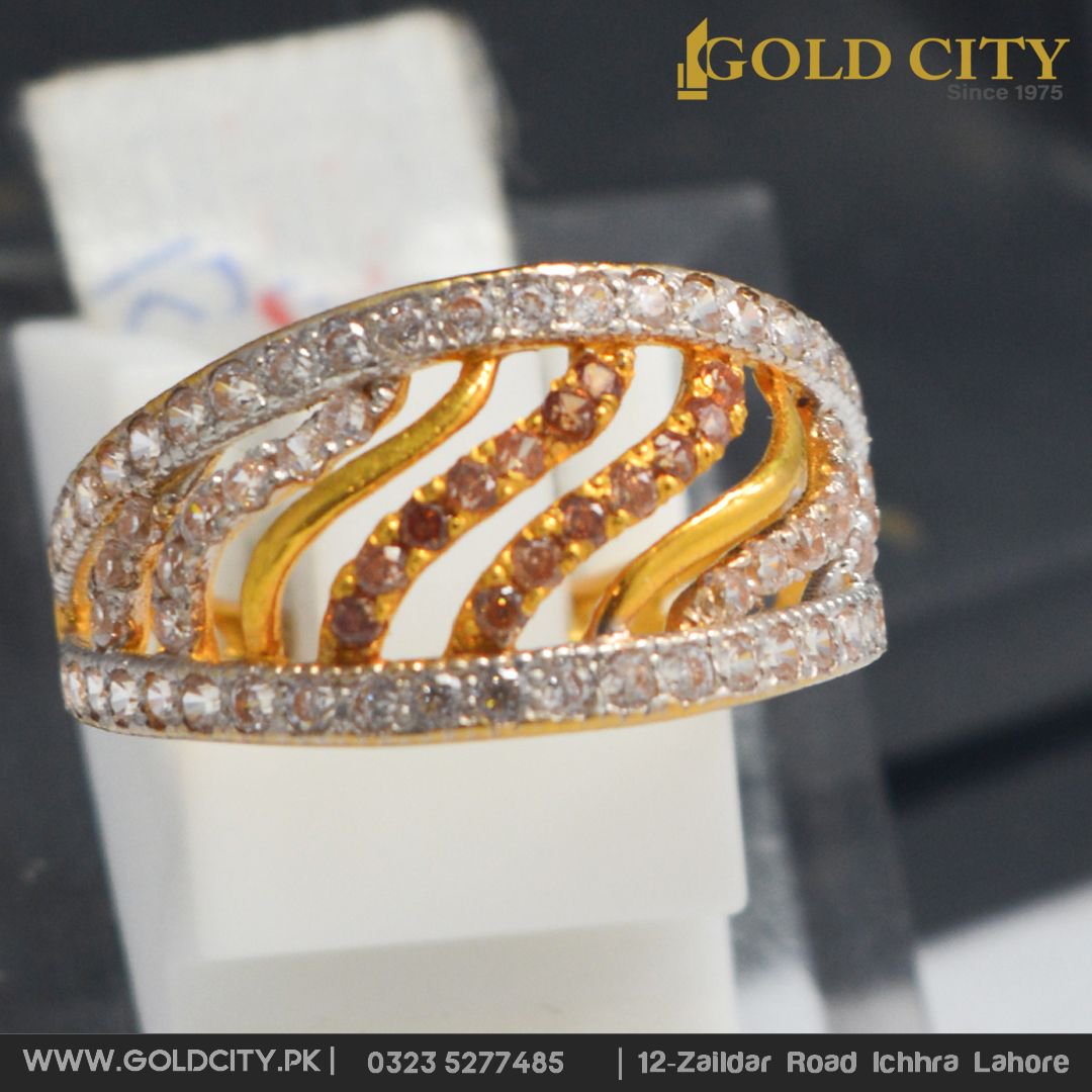 22Kt Gold Signity Ring - RiLs4872 - 22Kt Gold Ladies Ring with Signity  Stones (cubic zircons) studded and gold balls (gugri) hangings on