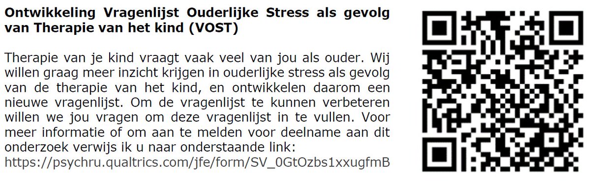 Ontwikkeling van een vragenlijst naar ouderlijke stress als gevolg van therapie van het kind. Voor meer informatie of om aan te melden: psychru.qualtrics.com/jfe/form/SV_0G… Delen mag! #kinderrevalidatie #COAD <a href="/AdelanteZorg/">AdelanteZorg</a> <a href="/maartenskliniek/">Sint Maartenskliniek</a> <a href="/CAPHRI_UM/">CAPHRI</a>