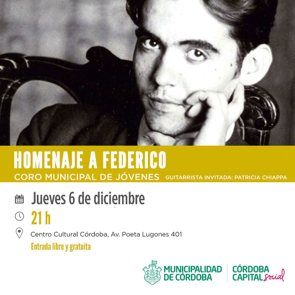 ElencosCba's tweet photo. ☄️☄️🎼 Esta noche a las 21 en el Centro Cultural Códoba no te pierdas el Homenaje a #GarcíaLorca que realizará el Coro Municipal de Jóvenes. ¡Será gratuito! No faltes 🌹 https://t.co/Yl8NU16Ejo