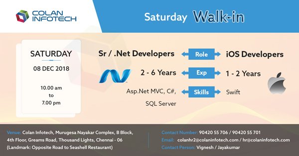 colan_infotch's tweet photo. IMMEDIATE #JOB OPENINGS IN #CHENNAI @colan_infotch on #08thDEC2018
#Sr_Dotnet_developer, #iOS_developer #saturdaywalkin
CONTACT: 9042055706/9042055701 https://t.co/HA2hj421EG
