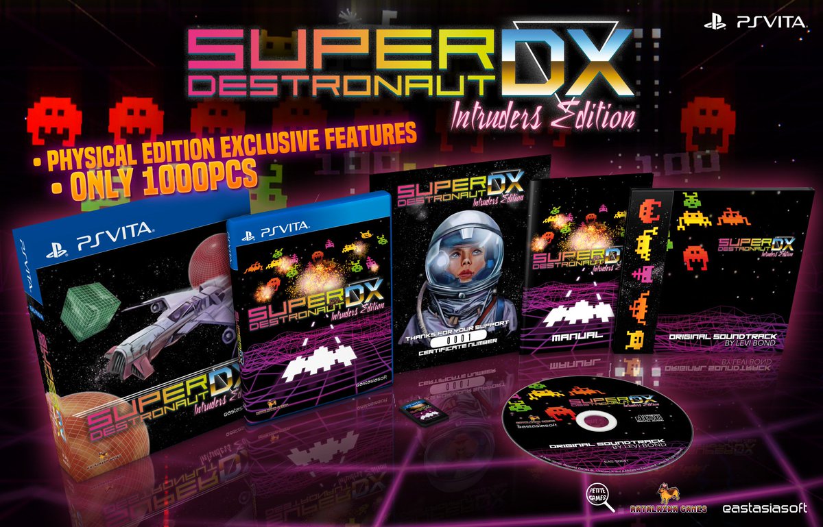 eastasiasoft's tweet photo. We are launching a physical exclusive edition of Super Destronaut DX: Intruders Edition for PS Vita in Q1/2019. Contains new game modes, new BGM, added trophies &amp; other new features. Limited to just 1000pcs. Available @playasia Dec 13. #vitaisland https://t.co/qNLuoKUJVL