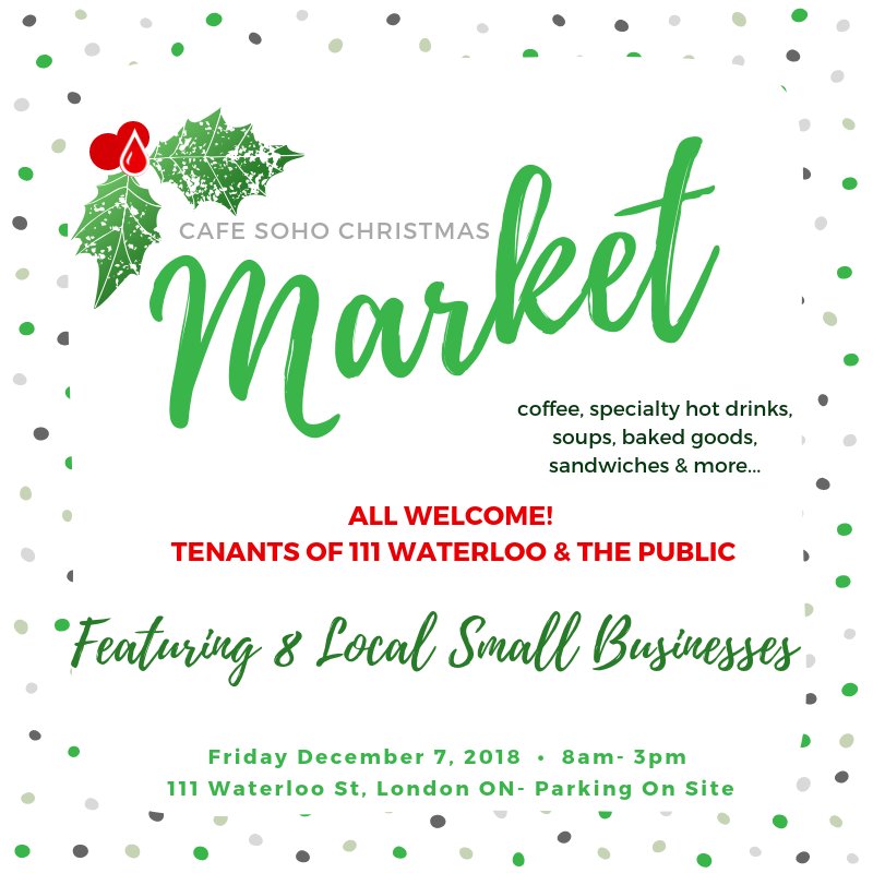 Hey Londoner's, Hope to see you all tomorrow!!! 8am - 3pm at 111 Waterloo Street in the heart of SOHO. Swing buy, grab a coffee or lunch and buy some awesome Christmas presents from local businesses. <a href="/henbygen/">HEN Jewelry</a> <a href="/PurdyNatural/">Purdy Natural</a> <a href="/mandustpowder/">MANDUST | Talc-Free Body Powder</a> and more!!