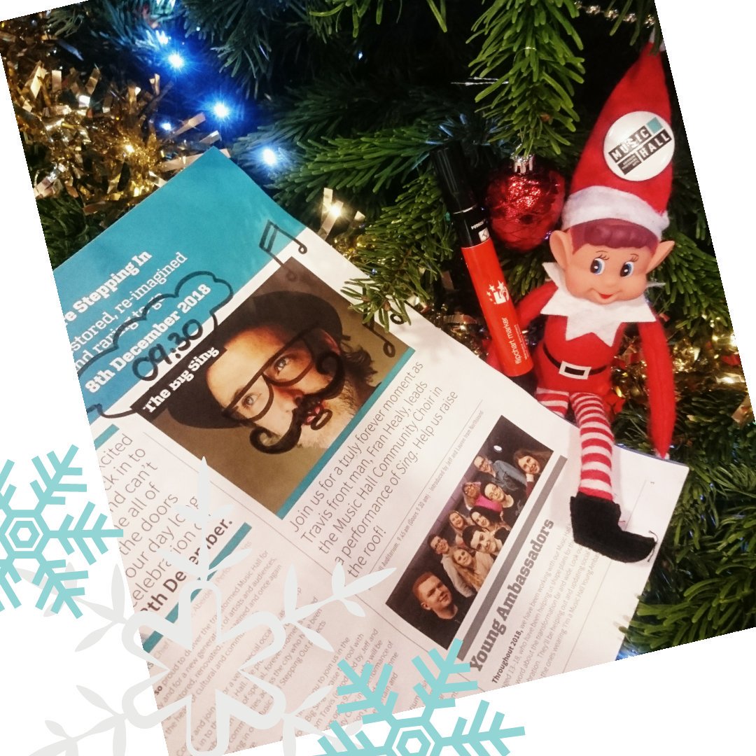 Well well well Archie, I can't believe you've drawn on <a href="/franhealy/">Fran Healy</a>! I think he's just excited that he will be opening the #musichall on Saturday with our community choir. What d'you think Fran? New style of facial hair for Saturday? #MusicHallElf #ArchiesAdventures