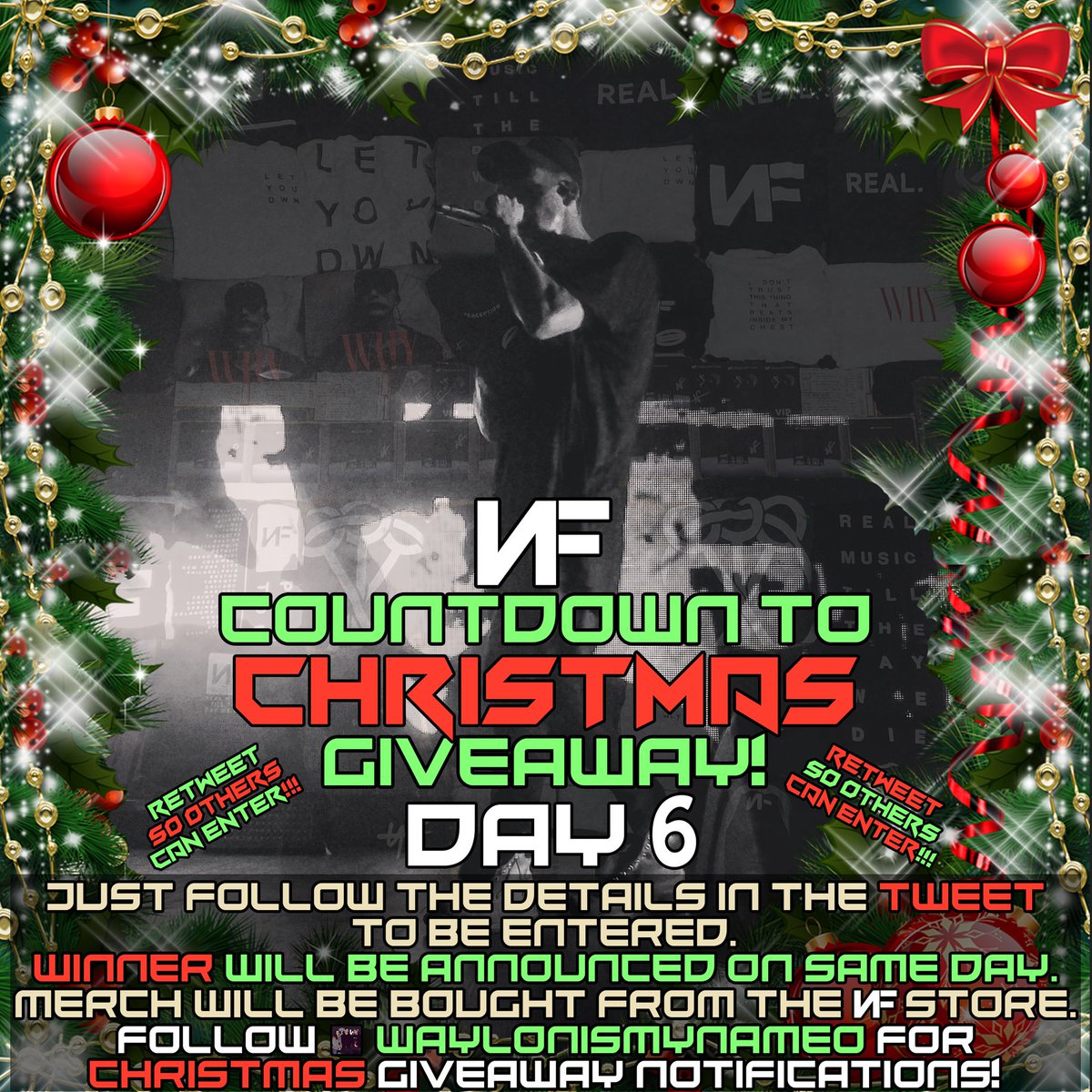 WaylonIsMyNameO's tweet photo. It's day 6 of our countdown to Christmas @nfrealmusic merch giveaway. Today all you need to do is comment the number, "9" to be entered! Winner will receive a piece of merch of their choosing! Remember to RT and spread the word so others can have a chance to enter. Good luck! https://t.co/doHzIvMcfy