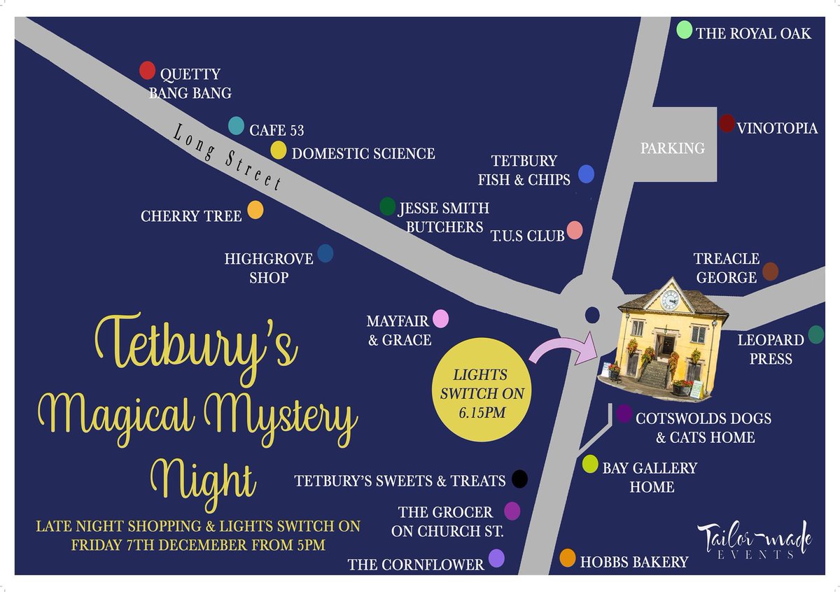 The #Tetbury Christmas Magical Mystery Night is on tomorrow night! Lights switch on, late night shopping around the town, market stalls in Church Street, Santa’s Grotto, food, drink, festive music and much more! 5pm Start 😃 Are you coming? visittetbury.co.uk/annual-events-…