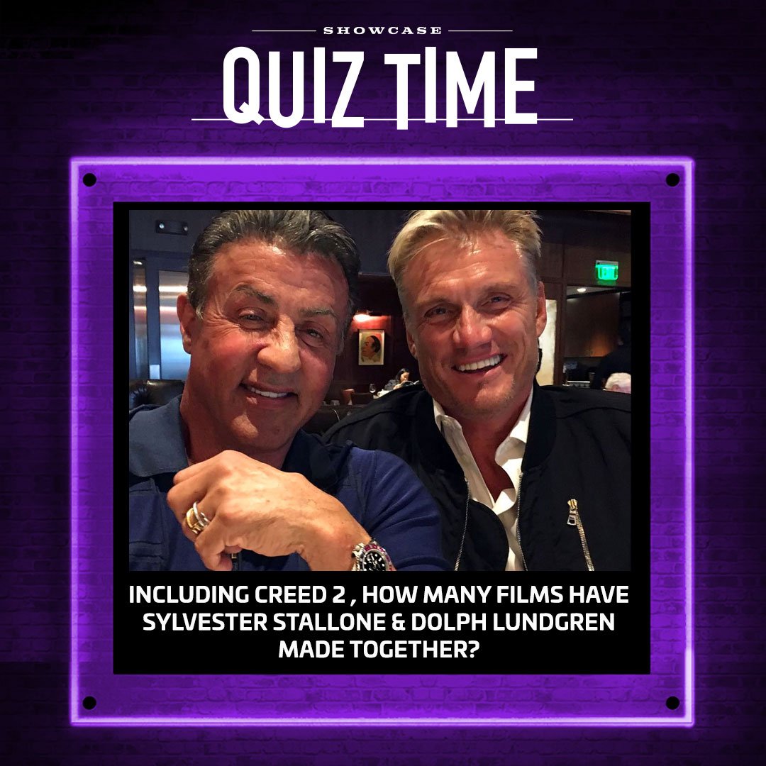 ShowcaseCinemas's tweet photo. It's #ShowcaseQuizTime again! Win a pair of Showcase Cinemas tickets simply by telling us how many films including #Creed2 have Sylvester Stallone & Dolph Lundgren made together? 🥊 https://t.co/jTYeuZG0dE
