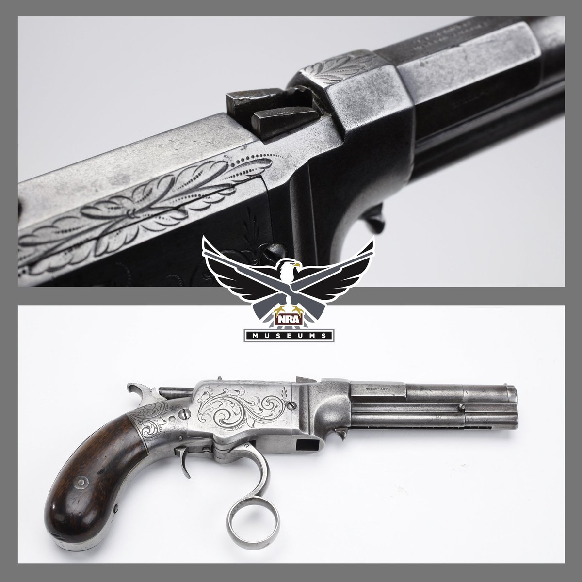 NRA_museums's tweet photo. GUN OF THE DAY - A Smith &amp; Wesson Lever Gun. This iron frame handgun was made in very limited numbers - only about 1,700 were produced, but they were all based on the 1854 patent registered by Horace Smith and Daniel B. Wesson.  Caliber: .31. Production Date:  1854-1855. https://t.co/yv1O798ahA