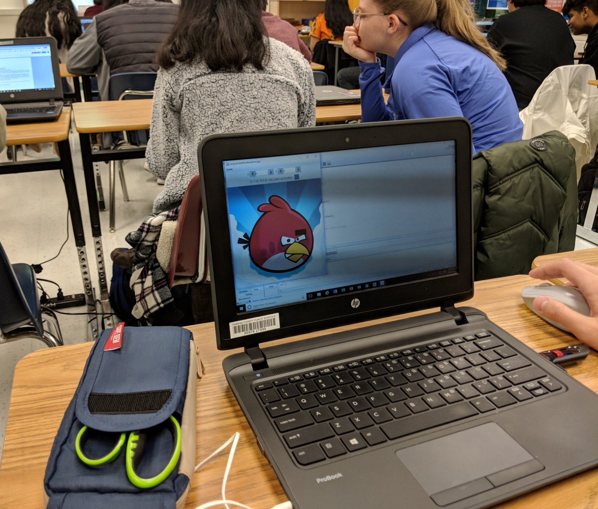 AP CS A students working on one of my favorite labs- add eyebrows to the Angry Bird! Using so many good principles: pair programming, debugging strategies, nested loops, and more! #fcpson #CSEdWeek #12DaysTwitter