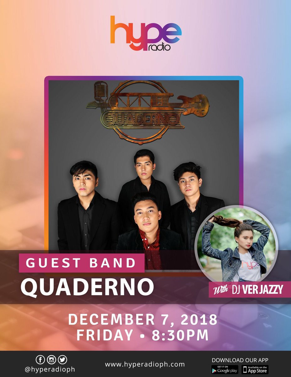 quadernofficial's tweet photo. Heyy guys. Another upcoming guesting at Hype Radio on December 7, Friday 8:30pm. See you guys there and support OPM. 🔥
#QUADERNO
#Kaptured
#PrettyAndCalm 
#DIRPinoy 
#BeFemarized #JJnJHairstudio
#DentalFirst #SmilesByDentalFirst
#NatureSpring  #SpringOfLove  #FlavorPaMore https://t.co/cDO1H6AWgD