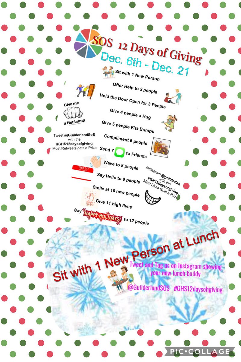 GuilderlandSoS's tweet photo. #GHS12daysofgiving It’s the first day!! Let’s get this started! The most retweeted with the # gets a prize! #sourcesofstrength #sitwith1newperson https://t.co/WU32673xfP