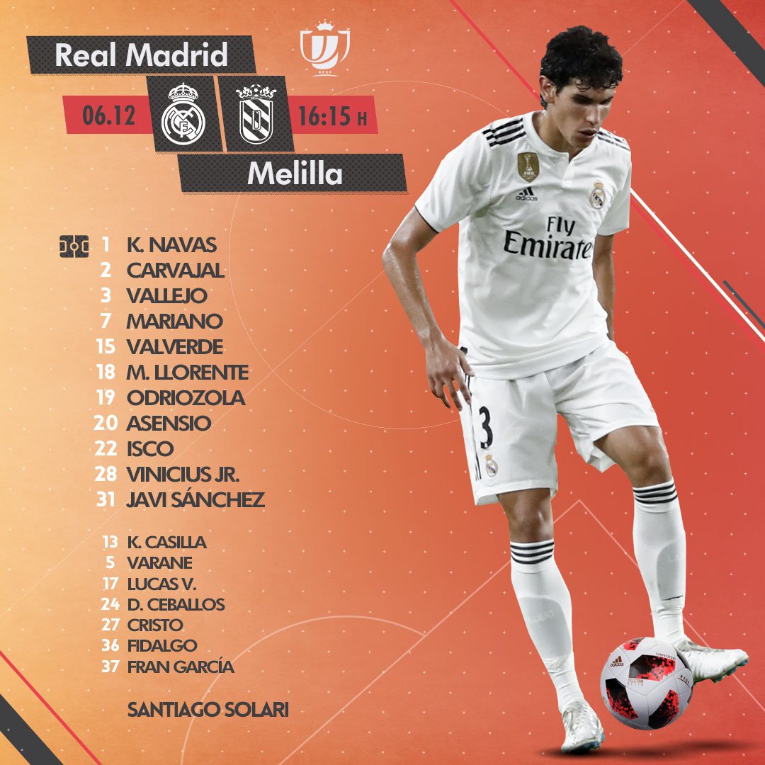 ¡Este es el once inicial del @realmadrid para el partido de #CopaDelRey contra la @UDMelilla!
#RMCopa #HalaMadridYNadaMás #RealMadrid #RealMadridMelilla #APorLa20