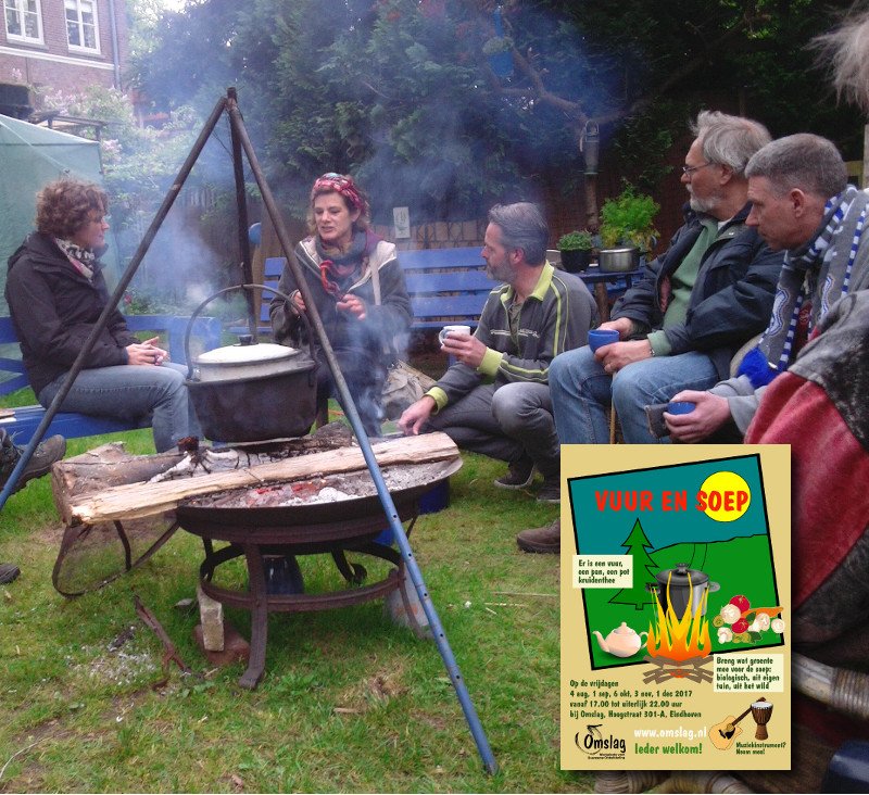 Morgen, vr 7 dec, is er Vuur en Soep bij Omslag. Kom vanaf 17.00 met wat groente bij het vuur en we maken samen een lekkere pan soep.  Mocht het echt te nat zijn, dan hebben we de mogelijkheid om het samenzijn binnen voort te zetten. omslag.nl/vuurensoep/