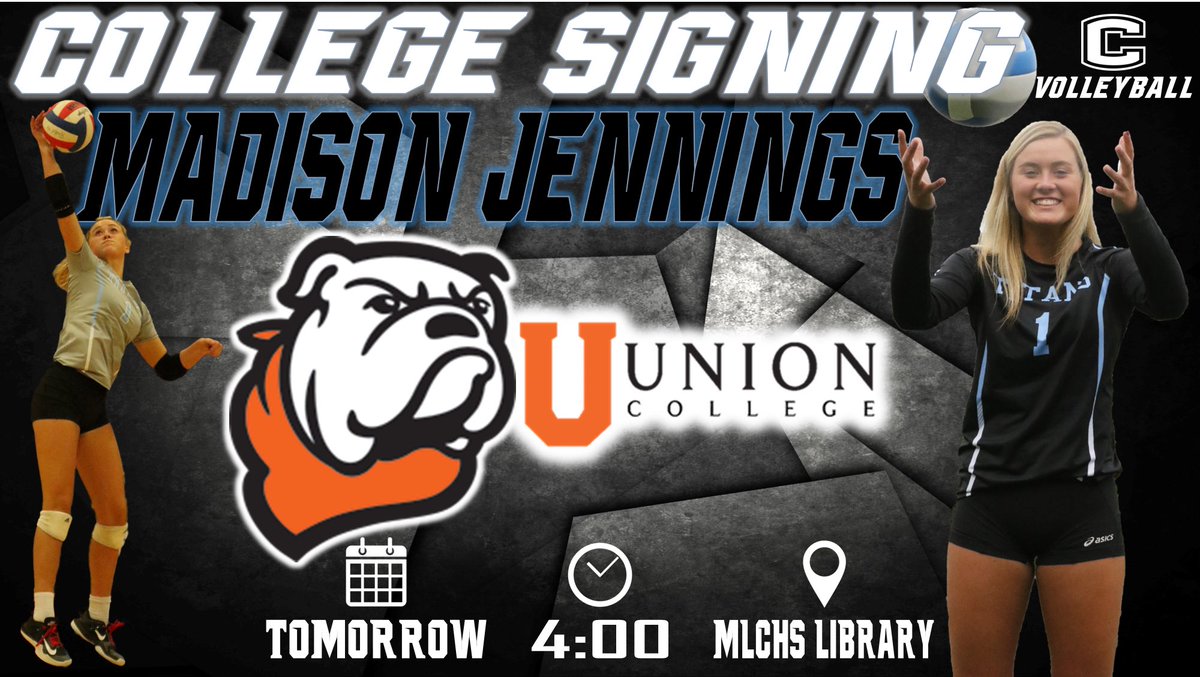 ICYMI: Madison Jennings is Signing with <a href="/UnionCollegeVB/">Union College Volleyball</a>. We ask that everyone please come celebrate this great accomplishment with her!!!!
📅 Tomorrow
⏰ 4:00
📍 MLCHS Library
#LetsGoTitans <a href="/MLCHS_VBall/">Titans Volleyball</a>