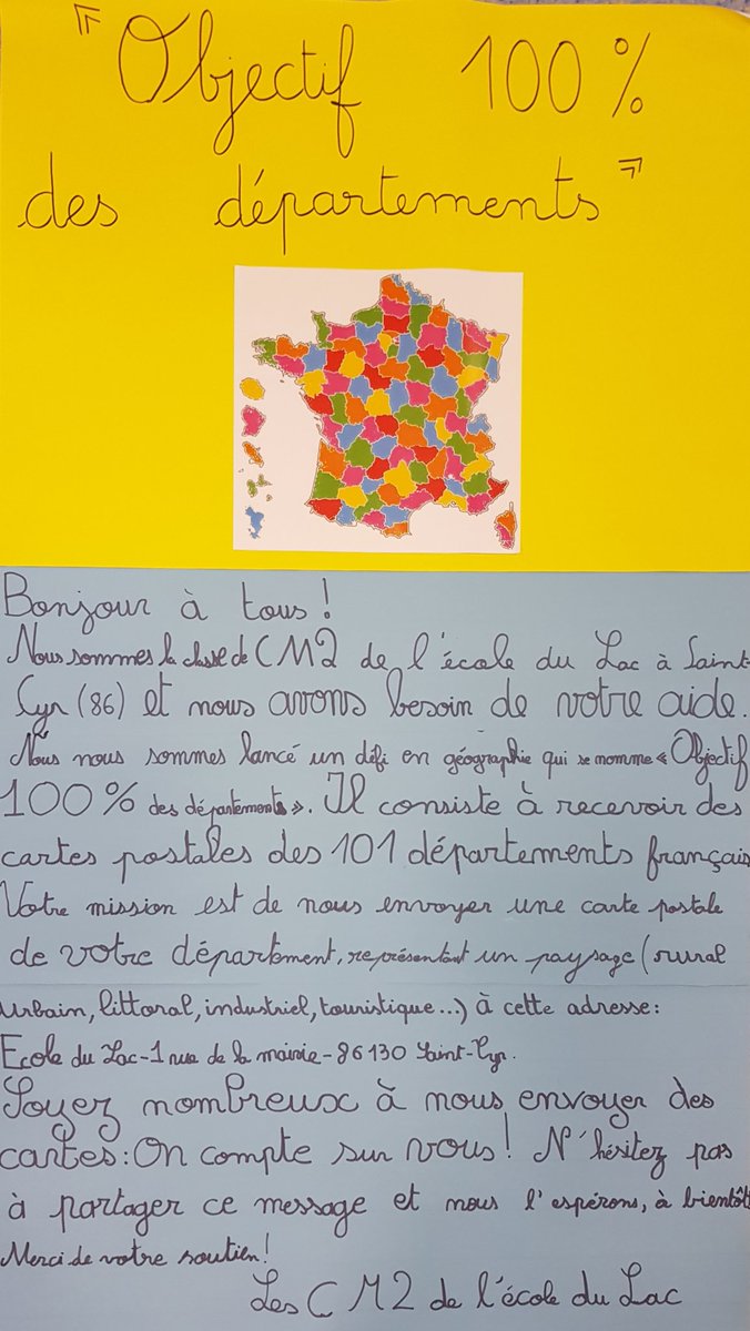 cm1cm2saintcyr's tweet photo. Objectif : 100% des départements !
Merci de partager ce message ! https://t.co/LJdzYZPyKT